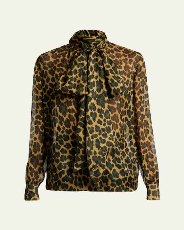 Leopard Silk Chiffon Bow-Neck Blouse